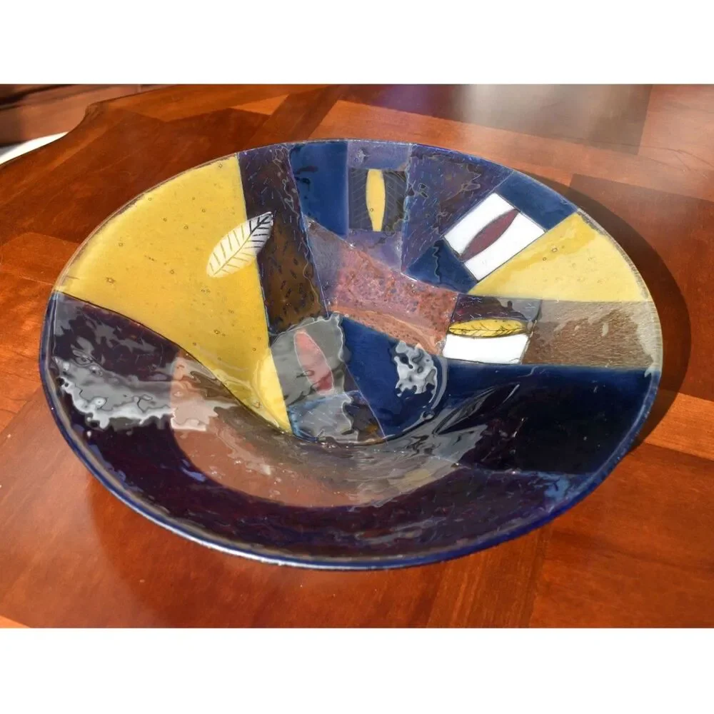 Art Glass Sculpture Bowl by V. Rotenberg - Multicolor Fused Glass Centerpiece